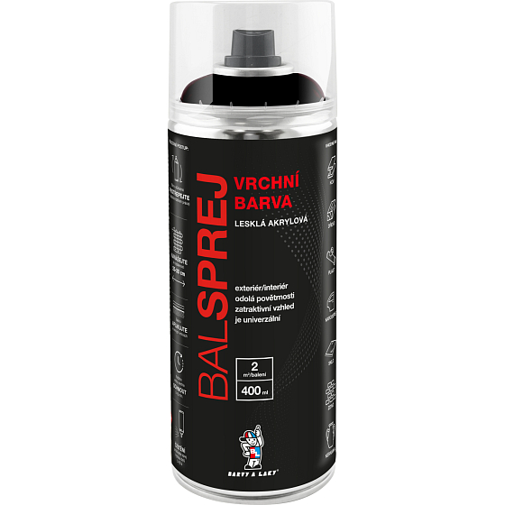 BALSPREJ vrchný univerzálny akrylový náter v spreji, RAL 9005 čierny lesk, 400 ml