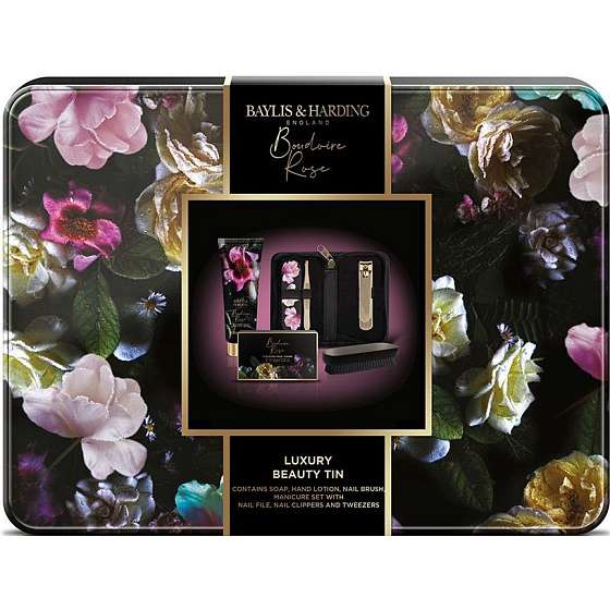 Baylis & Harding Boudoire Rose mlieko na ruky 100 ml + mydlo 100 g + manikúrna sada + kefka na nechty, kozmetická sada pre ženy