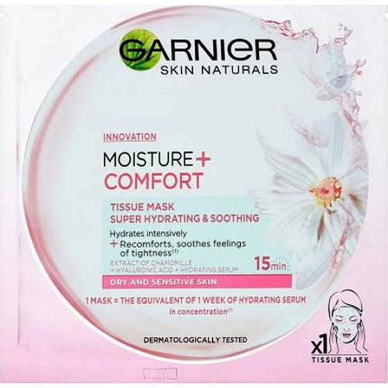 Garnier Moisture + Comfort superhydratační upokojujúce textilné pleťová maska 15 minútová 32 g