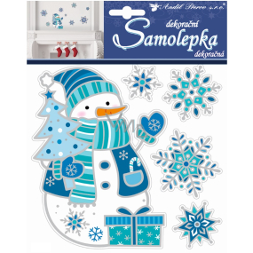 Samolepka snehuliak s vločkami modrý priestorový 18 x 16 cm