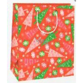 Ditipo Darčeková papierová taška 26,4 x 13,6 x 32,7 cm Vianočná červená - zelenej a ružovej stromčeky