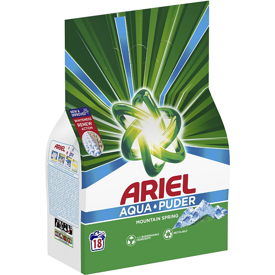 Prací prášok Ariel Aquapuder Mountain Spring pre čistú a voňavú bielizeň bez škvŕn 18 dávok 1,17 kg