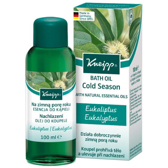 Kneipp Nachladnutie olej do kúpeľa, prírodné éterické oleje z eukalyptu a gáfrovníka príjemne prehrejú telo a prinášajú úľavu pri nachladnutí 100 ml