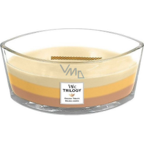 Woodwick Trilogy Golden Treats - Zlaté lahôdky vonná sviečka s dreveným širokým knôtom a viečkom loď 453 g