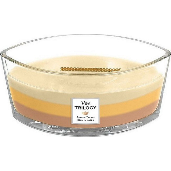Woodwick Trilogy Golden Treats - Zlaté lahôdky vonná sviečka s dreveným širokým knôtom a viečkom loď 453 g