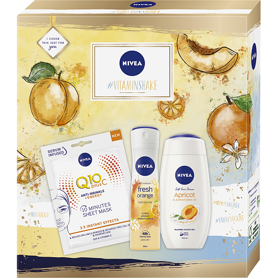 Nivea Vitamín Shake antiperspirant dezodorant sprej 150 ml + sprchový gél 250 ml + pleťová maska 1 kus, kozmetická súprava pre ženy