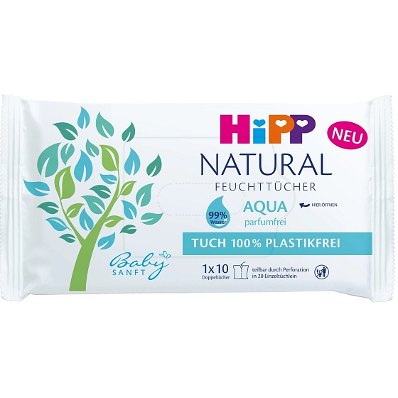 HiPP Babysanft Natural Aqua čistiace vlhčené obrúsky bez plastov pre deti 10 kusov