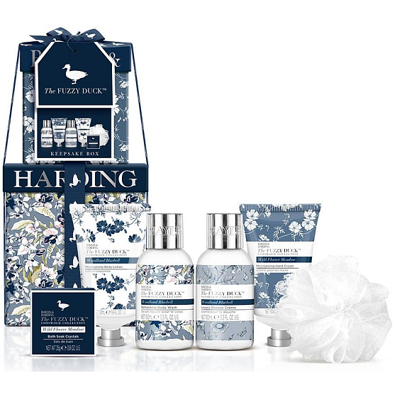 Baylis & Harding Fuzzy Duck Cotswold Floral umývací gél 100 ml + sprchový krém 100 ml + telové mlieko 50 ml + krém na ruky 50 ml + kryštály do kúpeľa 25 g + špongia, kozmetická sada pre ženy