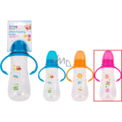 First Steps Feeding Bottle 0+ dojčenská fľaša číra s úchopmi Sova ružová 250 ml