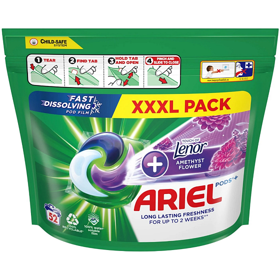 Ariel +Touch Of Lenor Amethyst Flower gélové kapsuly pre dlhotrvajúcu sviežosť 52 kusov