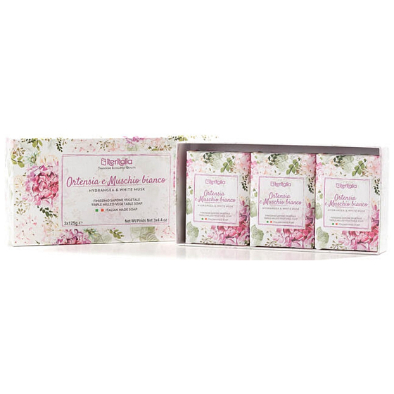 Iteritalia rastlinné toaletné mydlo Hydrangea a biely mach 3 x 125 g, darčeková súprava