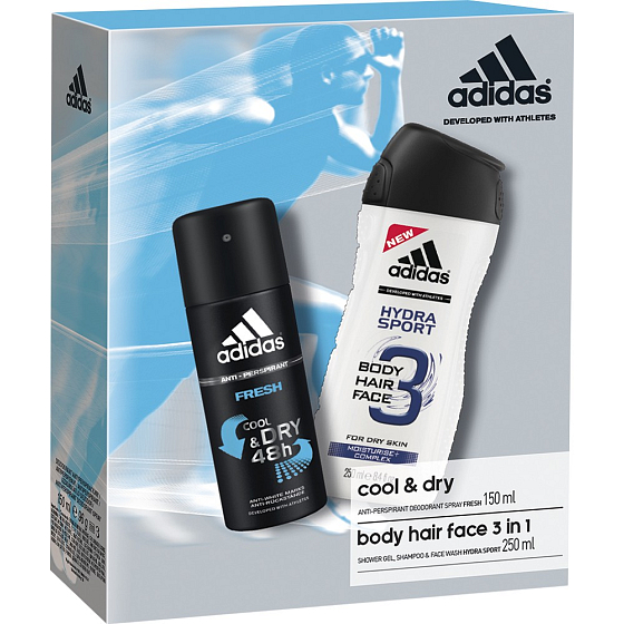 Adidas Cool & Dry Fresh antiperspirant deodorant sprej pre mužov 150 ml + Hydra Sport 3v1 sprchový gél na telo, vlasy a tvár pre mužov 250 ml, kozmetická sada