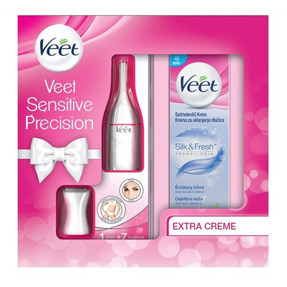 Veet Sensitive Precision elektrický zastrihávač + Silk & Fresh depilačný krém na citlivú pokožku 100 ml, kozmetická kazeta
