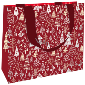 Nekupto Darčeková papierová taška s razbou 23 x 18 cm Vianočná červená so stromčekmi
