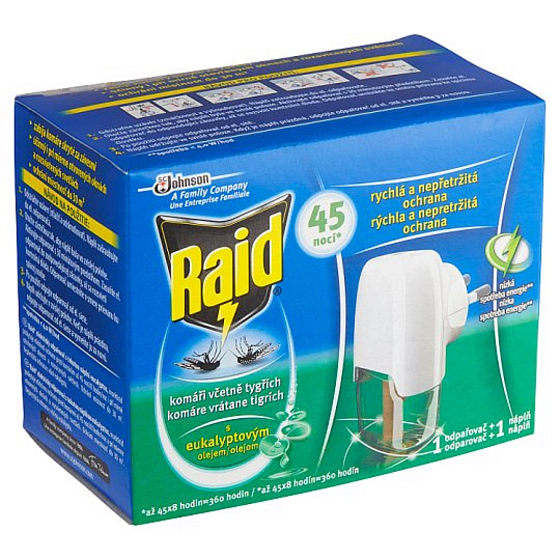 Raid elektrický odparovač s eukalyptovým olejom proti komárom 45 nocí strojček + náplň 27 ml