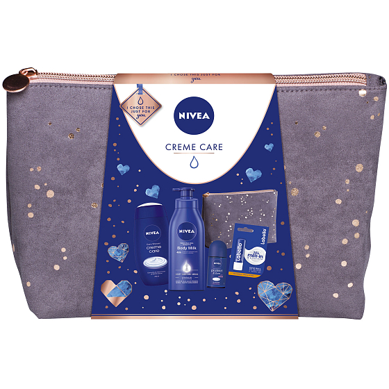 Nivea Creme Care Body Milk telové mlieko pre ženy 400 ml + Creme Care sprchový gél 250 ml + Protect & Care guličkový antiperspirant roll-on 50 ml + Labello 4,8 g + taška, kozmetická sada