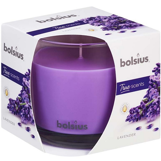 Bolsius True Scents Lavender - sviečka s vôňou levandule v skle 95 x 95 mm, doba horenia 43 hodín