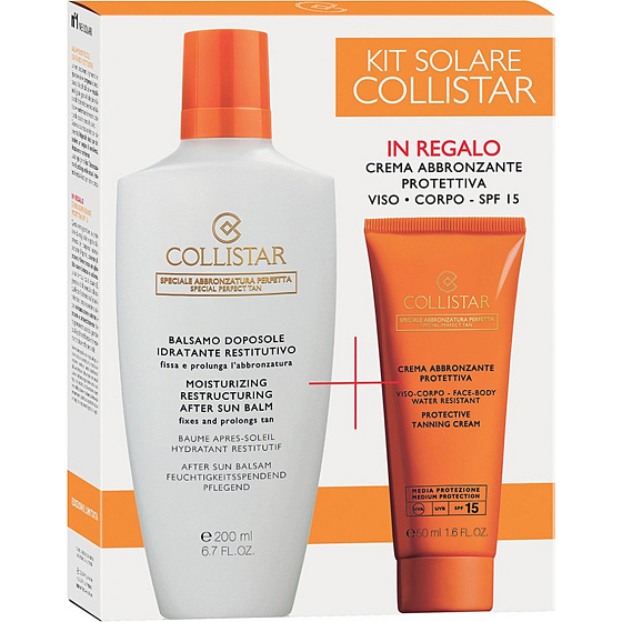 Collistar Sun Care Kit Moisturizing Restructuring After Sun Balm balzam po opaľovaní 200 ml + Protective Tanning Cream Water Resistant SPF15 ochranný opaľovací krém 50 ml, kozmetická sada