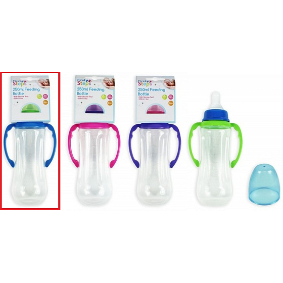 First Steps Feeding Bottle 0+ dojčenská fľaša číra s úchopmi modrej farby 250 ml