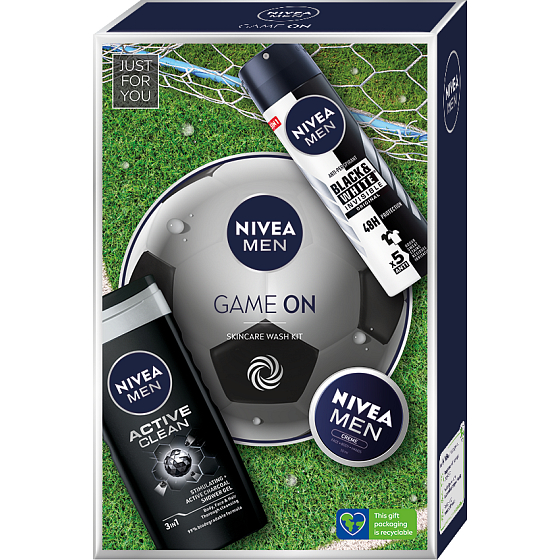 Nivea Men Game On Active Clean sprchový gél 250 ml + krém 75 ml + antiperspirant dezodorant v spreji Invisible Black & White 150 ml, kozmetická sada pre mužov