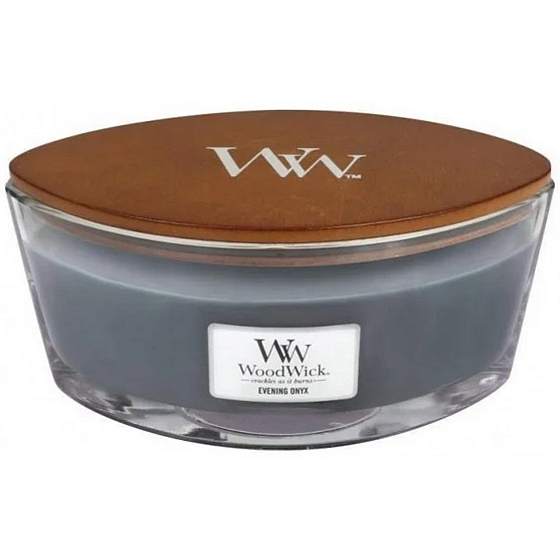  WoodWick Evening Onyx - Večerní Onyx vonná svíčka s dřevěným širokým knotem a víčkem, skleněná nádoba ve tvaru lodi, 453 g. Vonná svíčka s elegantními tóny, které vytvářejí příjemnou atmosféru, doplněná dřevěným knotem pro praskající efekt.