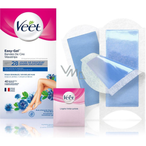 Veet Easy-Gel Telo a nohy depilačné voskové pásiky pre citlivú pokožku 40 kusov + Perfect Finish obrúsky pre záverečnú starostlivosť 4 kusy