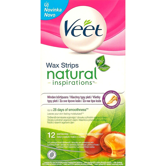 Veet Natural Studené depilačné voskové pásiky 12 kusov + obrúsky Luminous Finish 2 kusy