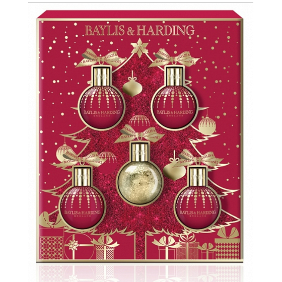 Baylis & Harding Fík a Granátové jablko tekuté telové mydlo 100 ml + sprchový gél 2 x 100 ml + mlieko na telo a ruky 2 x 100 ml, kozmetická sada ozdoby