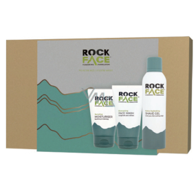 Rockface Extra Hydrating gél na holenie pre mužov 200 ml + Energising umývací gél na tvár 150 ml + Sensitive Moisturiser krém pre citlivú mužskú pleť 100 ml, kozmetická sada