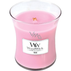 Woodwick Rose - Ruža vonná sviečka s dreveným knôtom a viečkom sklo stredná 275 g