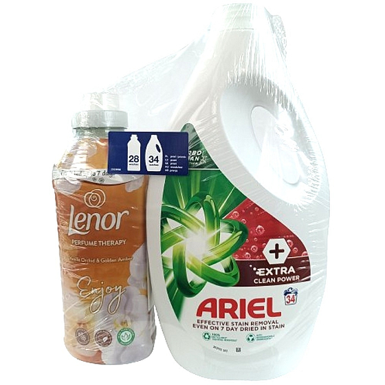 Univerzálny prací gél Ariel Extra Clean Power 34 dávok + zmäkčovadlo Lenor Vanilla Orchid & Golden Amber 28 dávok, duopack