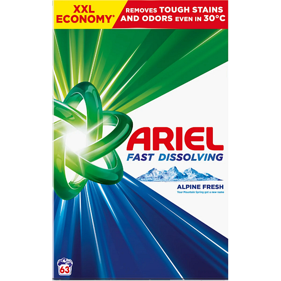 Ariel Alpine Fresh Box prací prášek 3,465 kg – 63 dávek, účinný prací prostředek pro čisté, svěže vonící prádlo bez skvrn.
