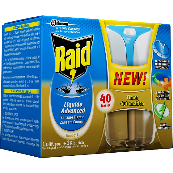 Raid Advanced elektrický odparovač tekutý s automatickým časovačom proti komárom 40 nocí 33 ml