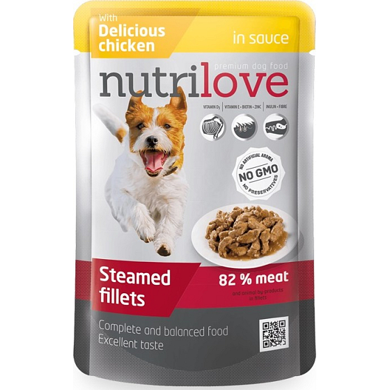 Nutrilove Dusené filetky so šťavnatým kuracím v omáčke kompletné krmivo pre psov kapsička 85 g