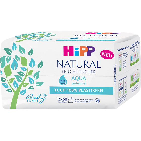 HiPP Babysanft Natural Aqua čistiace vlhčené obrúsky bez plastov pre deti 2 x 60 kusov