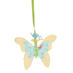 Motýľ z dreva Kvetinkový dekor modro-zelený 7 cm