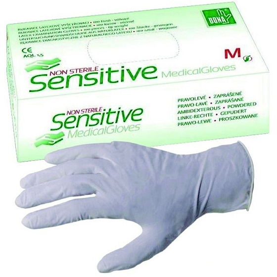 Vulkan Dona Sensitive Rukavice jednorazové, pudrované, latexové, vyšetrovacie, veľkosť M, box 100 kusov