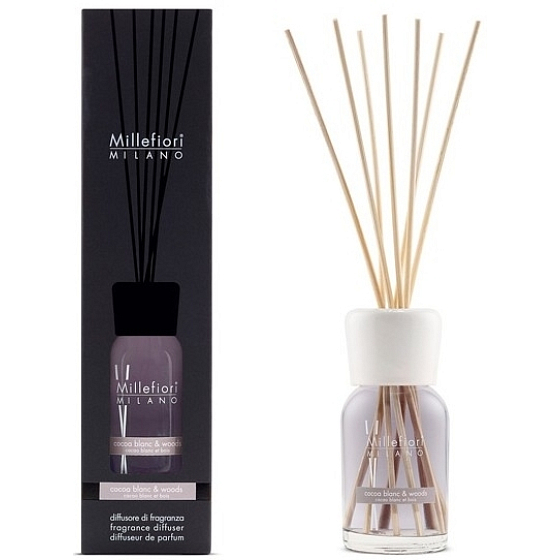 Millefiori Milano Natural Cocoa Blanc & Woods - Biele kakao a dreva Difuzér 100 ml + 7 stebiel v dĺžke 25 cm do menších priestorov vydrží 5-6 týždňov