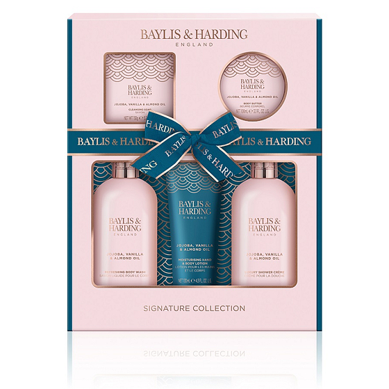 Baylis & Harding Jojobový, vanilkový a mandľový olej, prací gél 300 ml + sprchový krém 300 ml + krém na ruky a telo 130 ml + toaletné mydlo 150 g + telové maslo 100 ml, kozmetická sada pre ženy