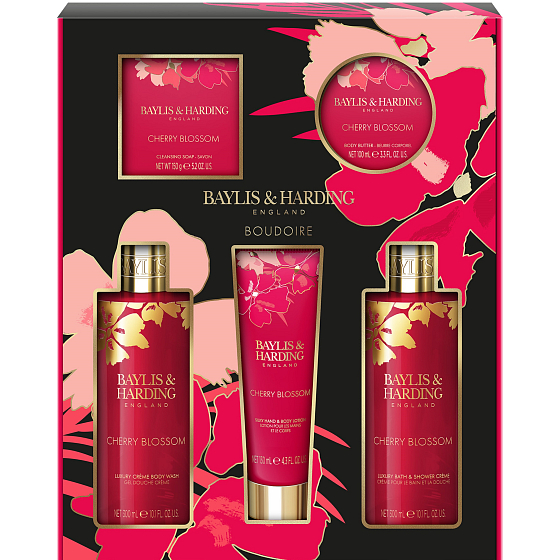 Baylis & Harding Cherry blossom sprchový krém 2 x 300 ml + telové mlieko 130 ml + toaletné mydlo 150 g + telové maslo 100 ml, kozmetická sada pre ženy