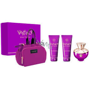 Versace Dylan Purple parfumovaná voda 100 ml + telové mlieko 100 ml + sprchový gél 100 ml + kabelka, darčeková sada pre ženy