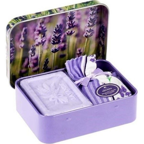 Esprit Provence Levanduľa toaletné mydlo 60 g + levanduľové vonné vrecúško + plechová krabička s obrázkom levandule, kozmetická sada pre ženy