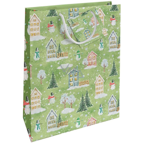 Nekupto Darčeková papierová taška 32,5 x 26 x 13 cm Vianočné domčeky zelená