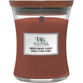 WoodWick Smoked Walnut & Maple - Sviečka s vôňou pražených vlašských orechov a javorového sirupu s dreveným knôtom a skleneným viečkom, stredná 275 g