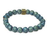 Lávovo modrý pokovovaný s kráľovskou mantrou Om, náramok z elastického prírodného kameňa, guľôčka 8 mm / 16-17 cm, zrodený zo štyroch živlov