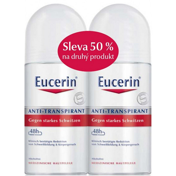Eucerin 48h guličkový antiperspirant dezodorant roll-on bez alkoholu pre citlivú pleť 2 x 50 ml, duopack