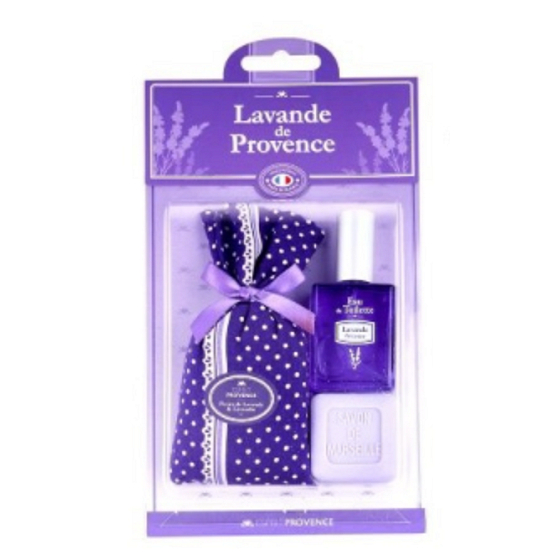 Esprit Provence Levanduľa vrecúško s levanduľou bodky + toaletné mydlo 25 g + toaletná voda miniatúra 5 ml, darčeková sada
