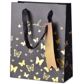 Emóciám Darčeková papierová taška 18 x 23 x 8 cm Čierna so zlatými motýliky