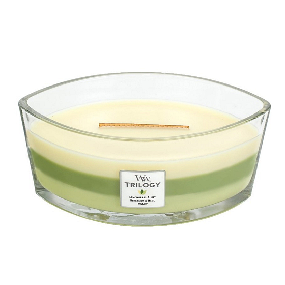 Woodwick Trilogy Garden Oasis - Záhradná oáza vonná sviečka s dreveným širokým knôtom a viečkom sklo loď 453 g