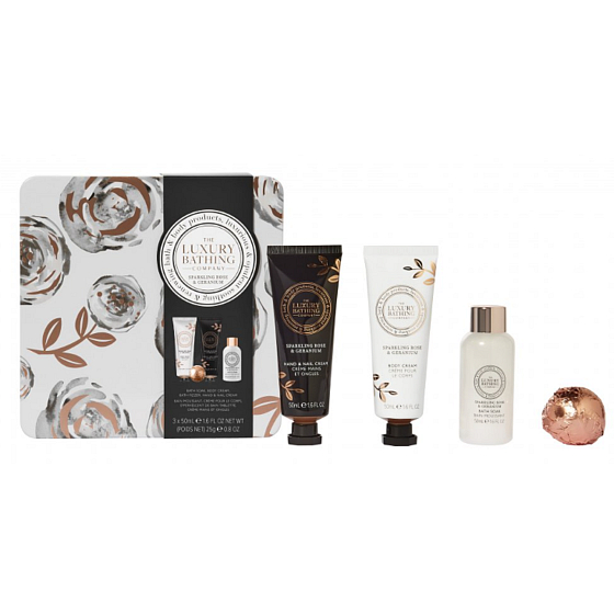 Grace Cole Rose & Geranium telový krém 50 ml + krém na ruky 50 ml + pena do kúpeľa 50 ml + šumivá guľôčka 25 g + plechová krabička, kozmetická sada pre ženy